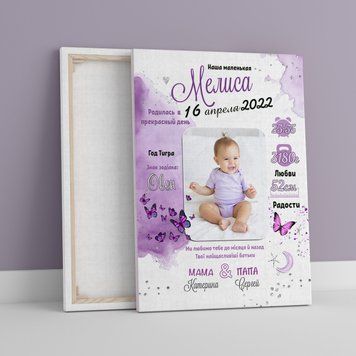 Дитяча метрика з фото на холсті "Метелик" 20х30 ФМ066 фото